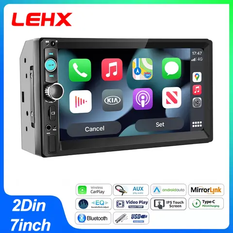 LEHX Radio de Auto con Pantalla Táctil HD de 7 Pulgadas, Reproductor Multimedia 2Din Android Auto Carplay, FM AUX BT MirrorLink, Audio Universal para Auto