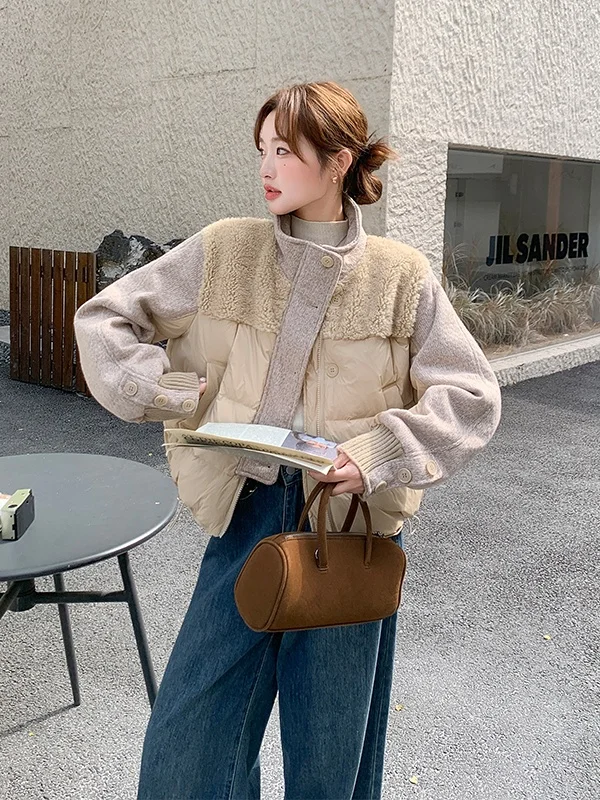 Ladies ort Sle Du down Jaet Stand Collar Lamb Fur Splicing Warm Thi White Du down Outerwear Casual Loose Fit
Ladies ort Sle Du down Jaet Stand Collar Lamb Fur Splicing Warm Thi White Du down Outerwear Casual Loose Fit