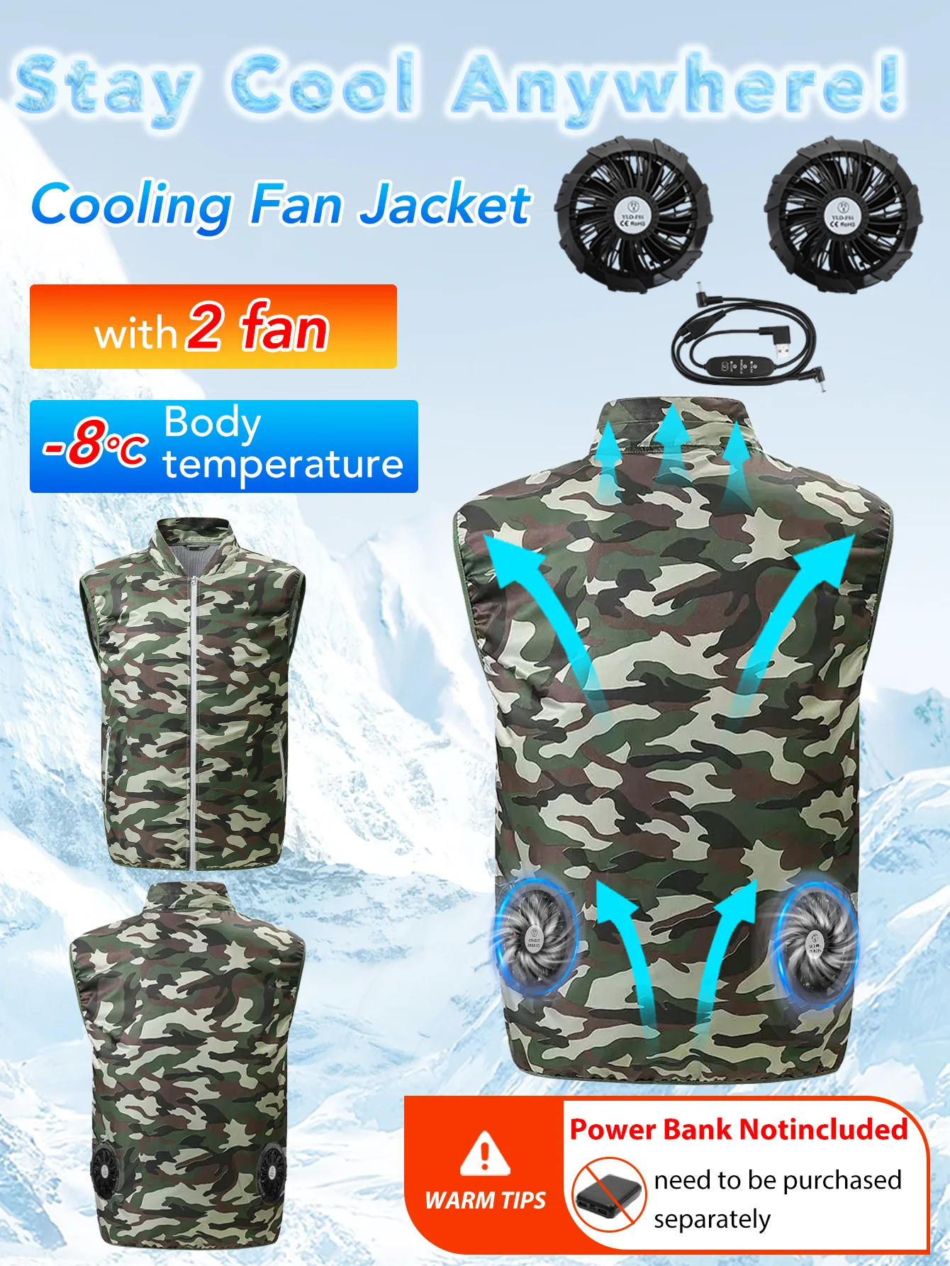 Fan Cooling clothes includes 2 fans, 9 blades, 3-speed adjustment of wind speed,Vest for summer fishing trips (No power bank)
Fan Cooling clothes includes 2 fans, 9 blades, 3-speed adjustment of wind speed,Vest for summer fishing trips (No power bank)