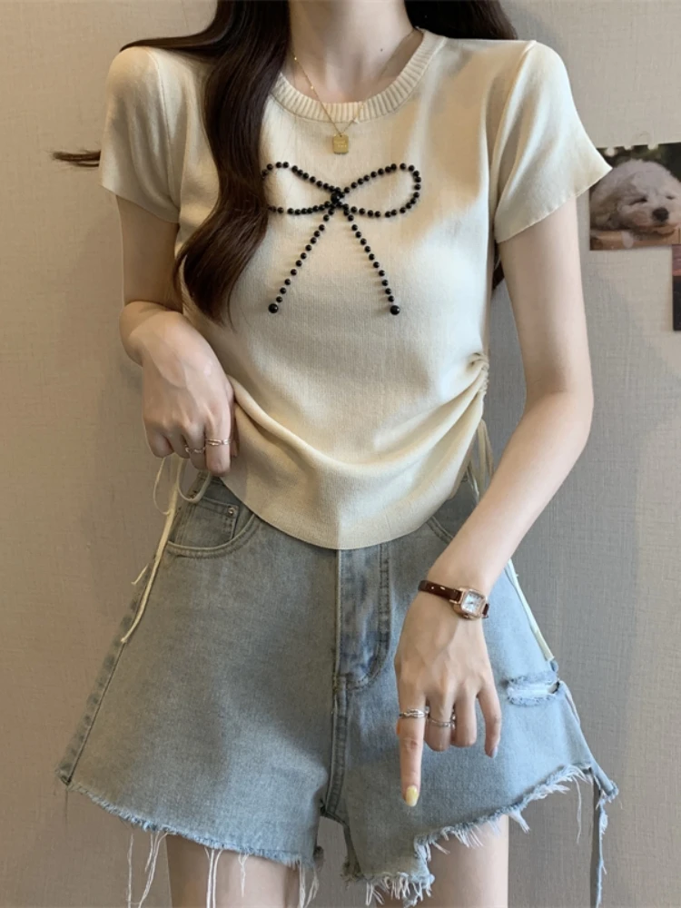 Fashion Sweet Knit T Shirts Bow Plus Size Draw String Short Sleeve O Neck Tops Summer Female Slim All Match Women Clothing 2024
Fashion Sweet Knit T Shirts Bow Plus Size Draw String Short Sleeve O Neck Tops Summer Female Slim All Match Women Clothing 2024