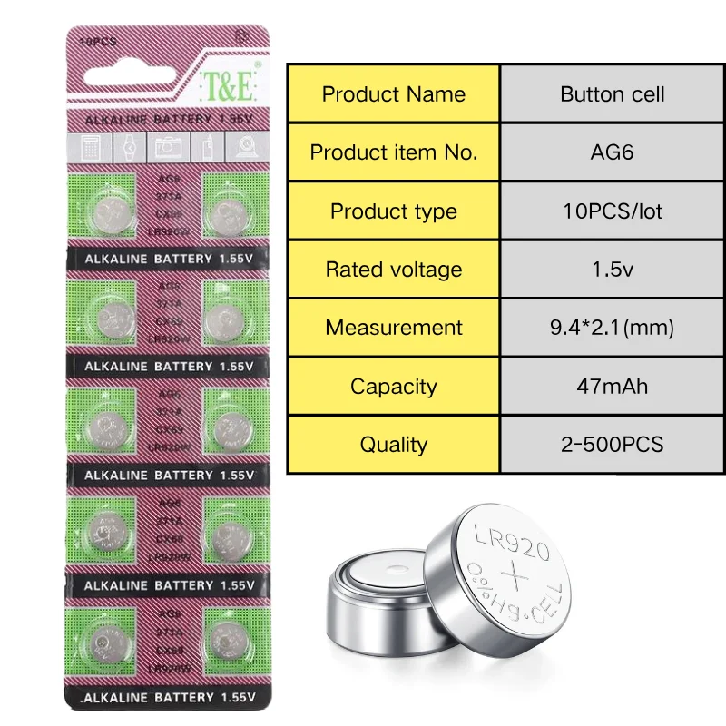 AG6 Watch LR920 Electronic Device 1.5V Zinc-manganese Toy Remote Control Button Battery 370 371 LR69 LR921 Alkaline Batteries
AG6 Watch LR920 Electronic Device 1.5V Zinc-manganese Toy Remote Control Button Battery 370 371 LR69 LR921 Alkaline Batteries