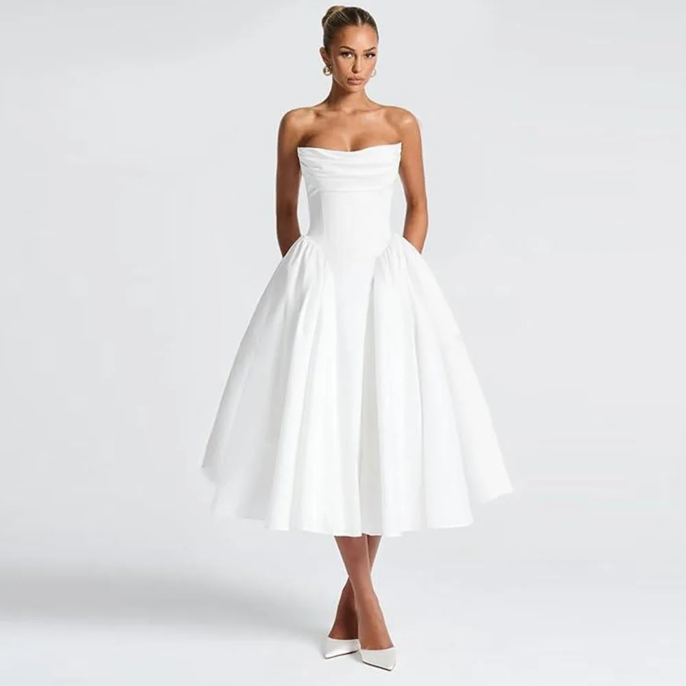 Customized Strapless Satin Pleated Wedding Dresses For Bride Tea Length A Line Prom Dress For Women Formal Party Gowns
Customized Strapless Satin Pleated Wedding Dresses For Bride Tea Length A Line Prom Dress For Women Formal Party Gowns