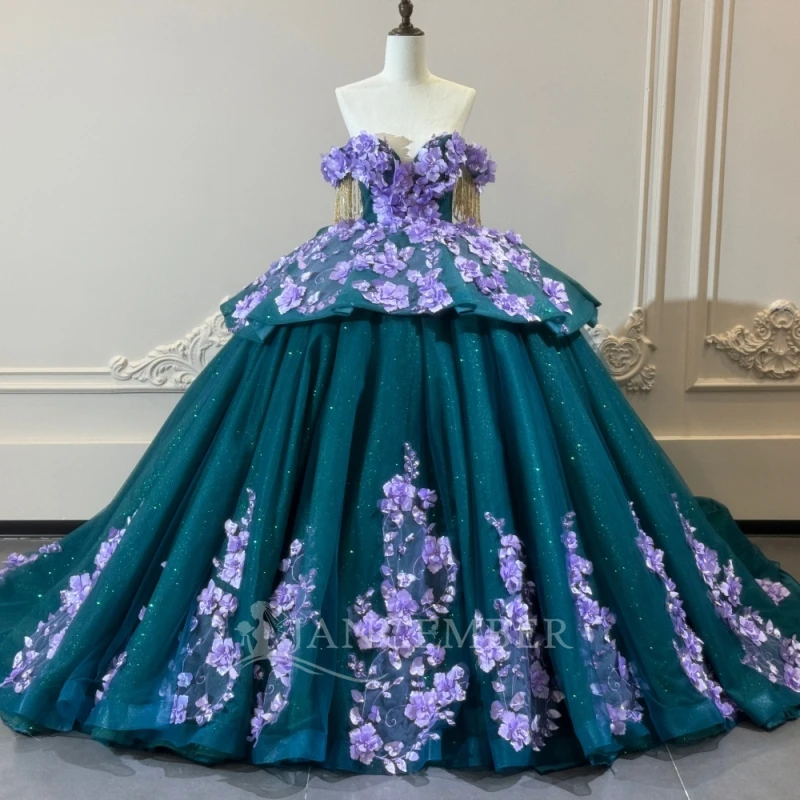 Dark Green shiny Ball Gown Quinceanera Dresses Applique Flower Beading Crystal Bow Tiered Tull Corset Off The Shoulder Sweet 16
Dark Green shiny Ball Gown Quinceanera Dresses Applique Flower Beading Crystal Bow Tiered Tull Corset Off The Shoulder Sweet 16