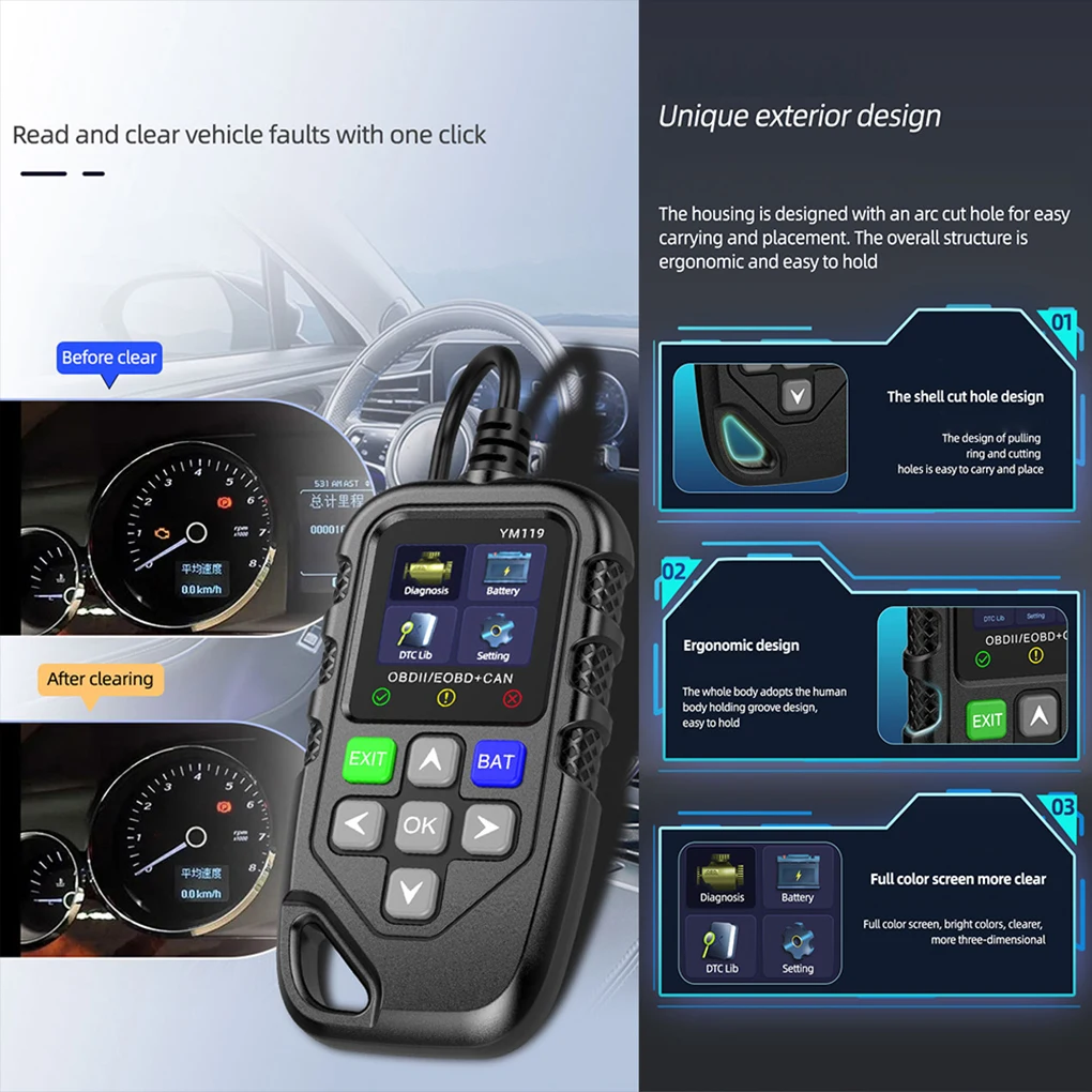 OBDII Code Reader Работа для большинства автомобилей YM119 Автомобильный диагностический инструмент Инструмент для диагностики неисправностей Считыватель автомобильных кодов Точный анализ
OBDII Code Reader Работа для большинства автомобилей YM119 Автомобильный диагностический инструмент Инструмент для диагностики неисправностей Считыватель автомобильных кодов Точный анализ