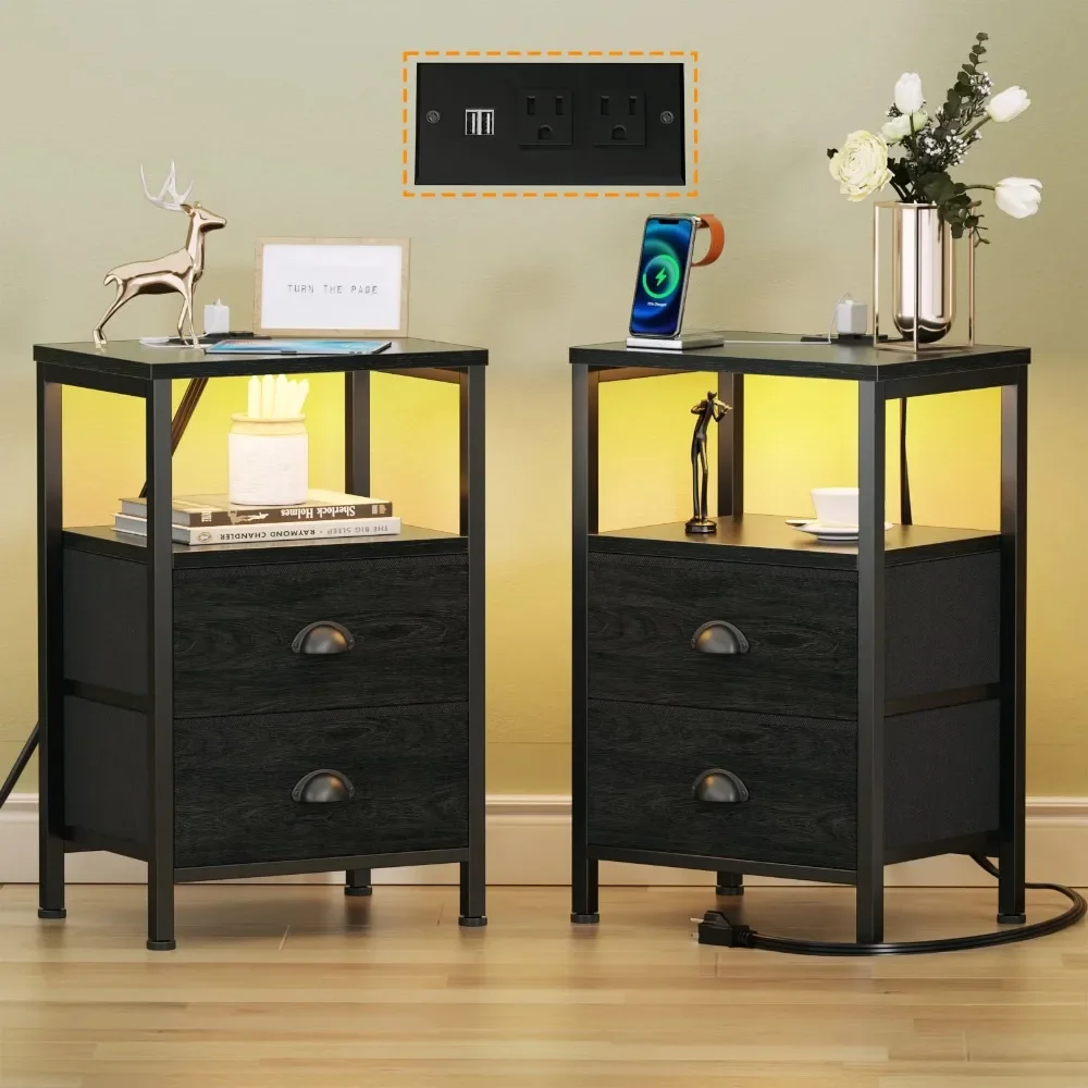 Bedside Table with Charging Station, Set of 2 LED Nightstand with 2 Fabric Drawers, Black Oak, Material:Particleboard + Metal
Bedside Table with Charging Station, Set of 2 LED Nightstand with 2 Fabric Drawers, Black Oak, Material:Particleboard + Metal