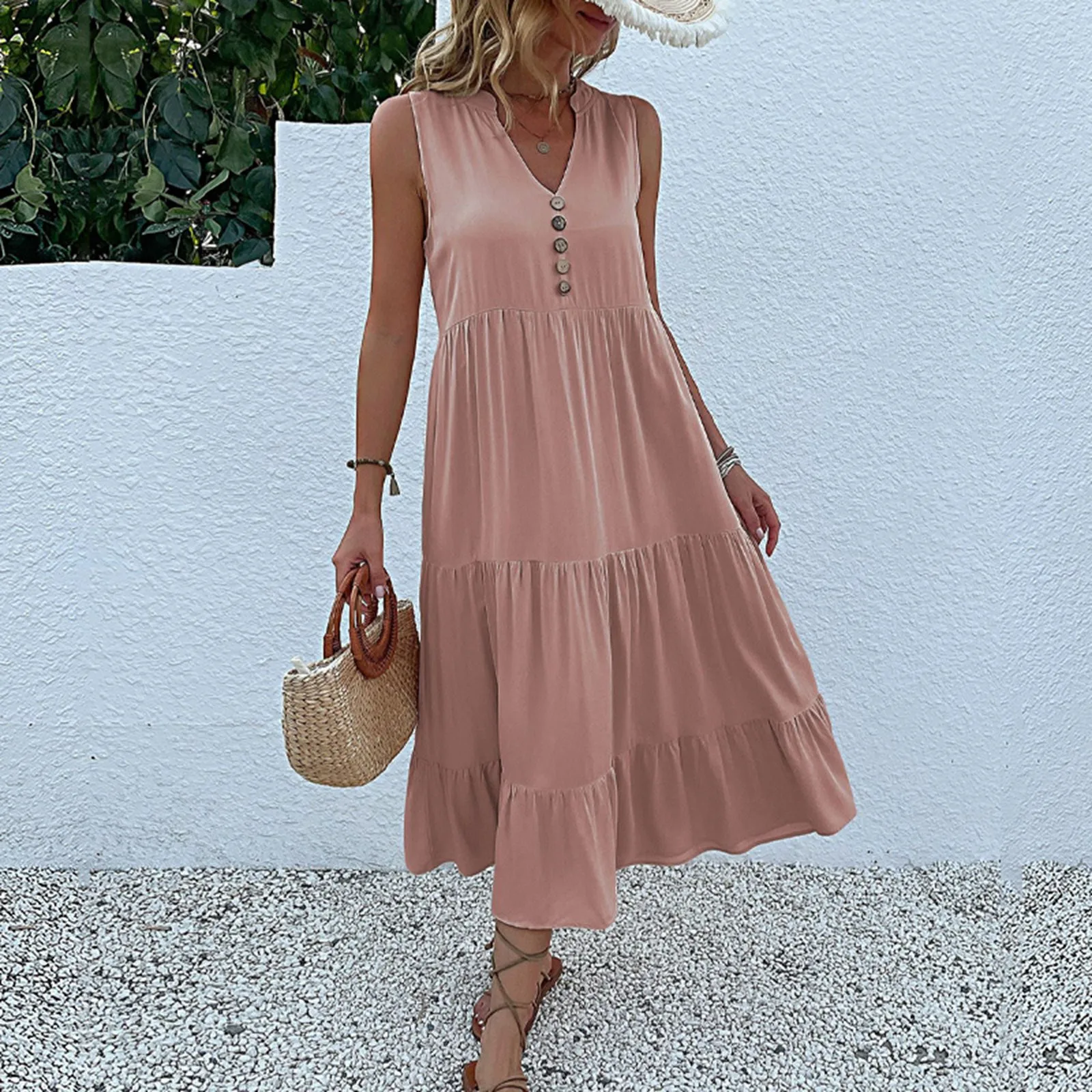 Women‘s Casual Pleated Tank Long Dress Summer V-Neck Sleeveless A-Line Dress Ladies Button Solid Color Beach Dresses Vestidos
Women‘s Casual Pleated Tank Long Dress Summer V-Neck Sleeveless A-Line Dress Ladies Button Solid Color Beach Dresses Vestidos