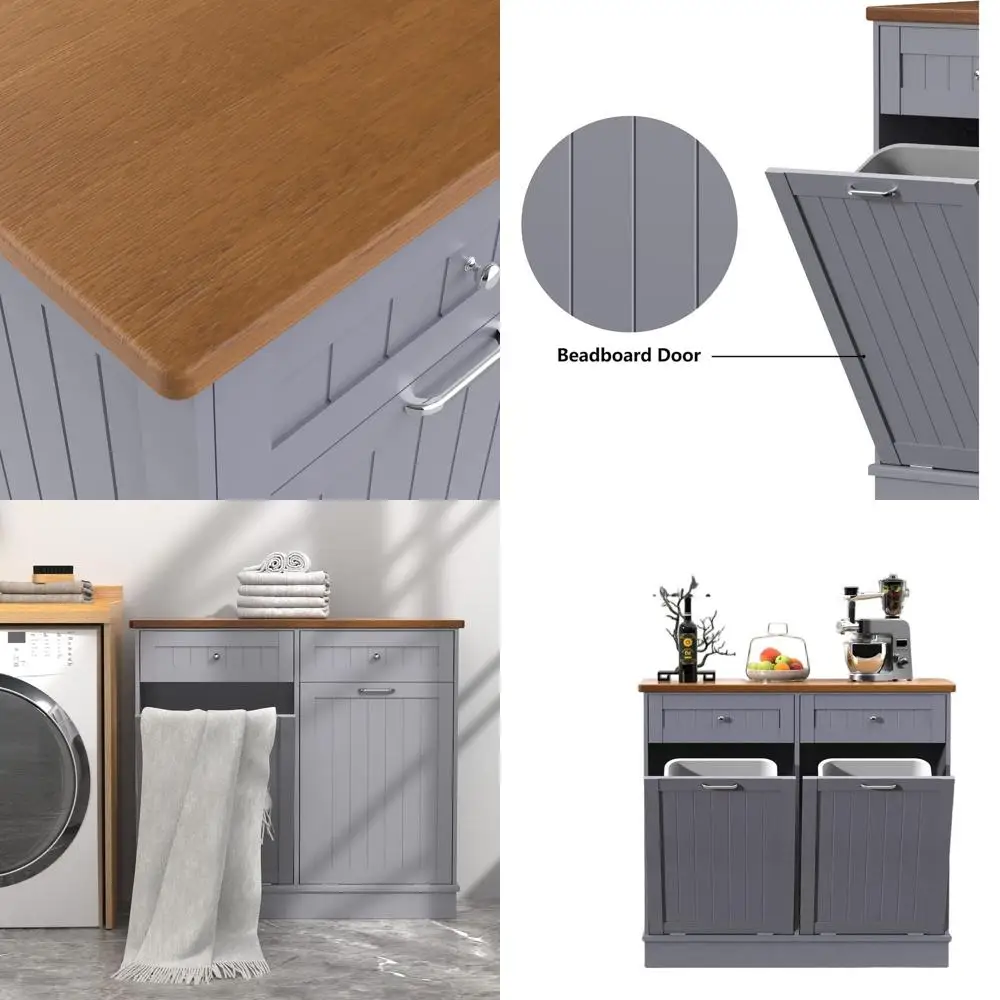 Vintage Beadboard Kitchen Island with Solid Wood Top and Double Door Grey Laundry Cabinet
Vintage Beadboard Kitchen Island with Solid Wood Top and Double Door Grey Laundry Cabinet