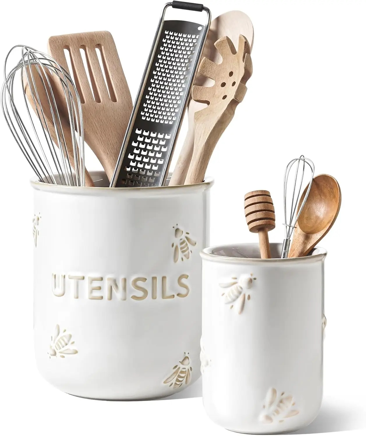 6.9"+5.3" Ceramic Utensil Holder Set of 2, Kitchen Counter Organizer for Spatula & Spoon, White Bee Embossed Decor
6.9"+5.3" Ceramic Utensil Holder Set of 2, Kitchen Counter Organizer for Spatula & Spoon, White Bee Embossed Decor