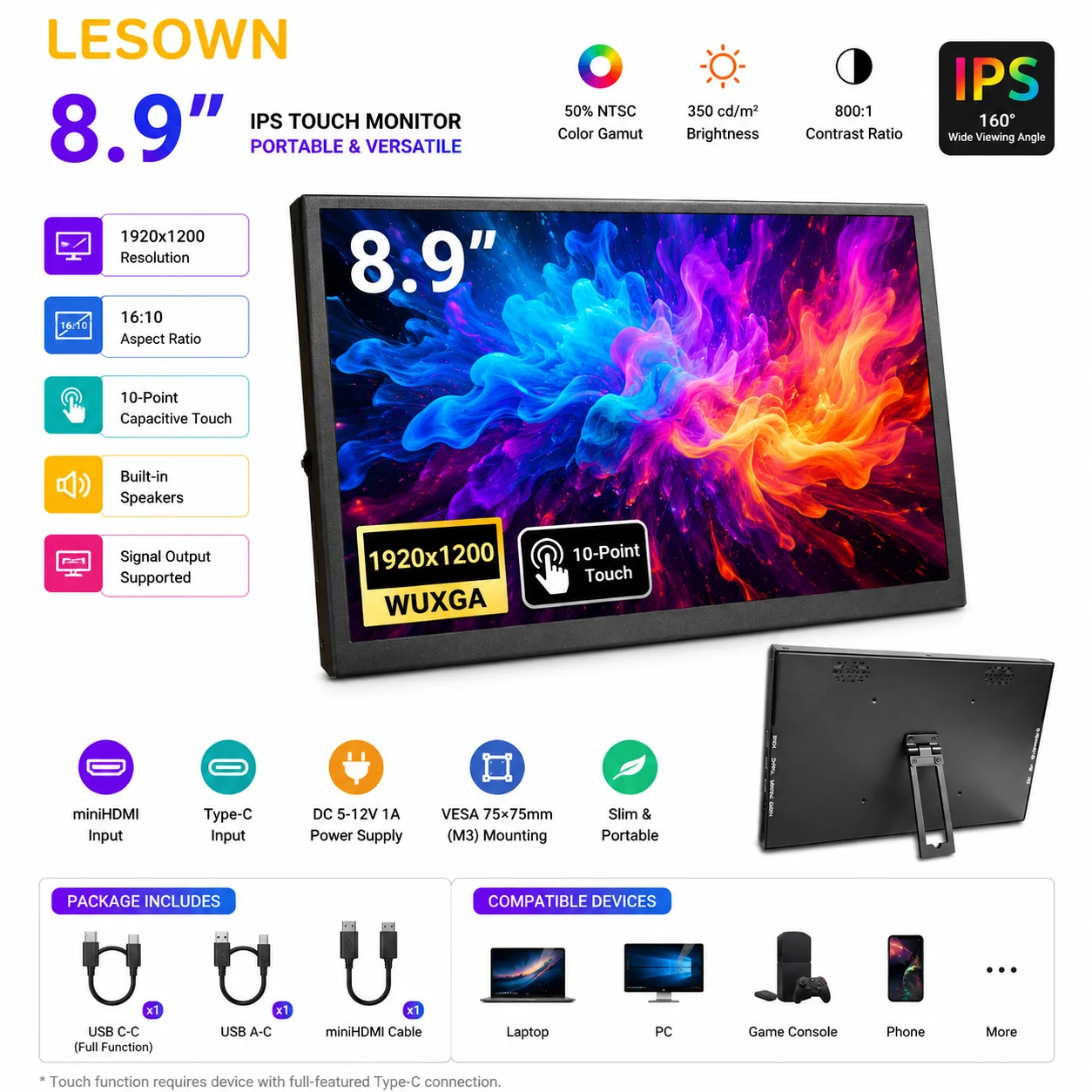 LESOWN 8.9" Capacitive Touchscreen 1920x1200 IPS miniHDMI Type-C Speaker VESA Raspberry Pi SBC Secondary Productivity Monitor
LESOWN 8.9" Capacitive Touchscreen 1920x1200 IPS miniHDMI Type-C Speaker VESA Raspberry Pi SBC Secondary Productivity Monitor