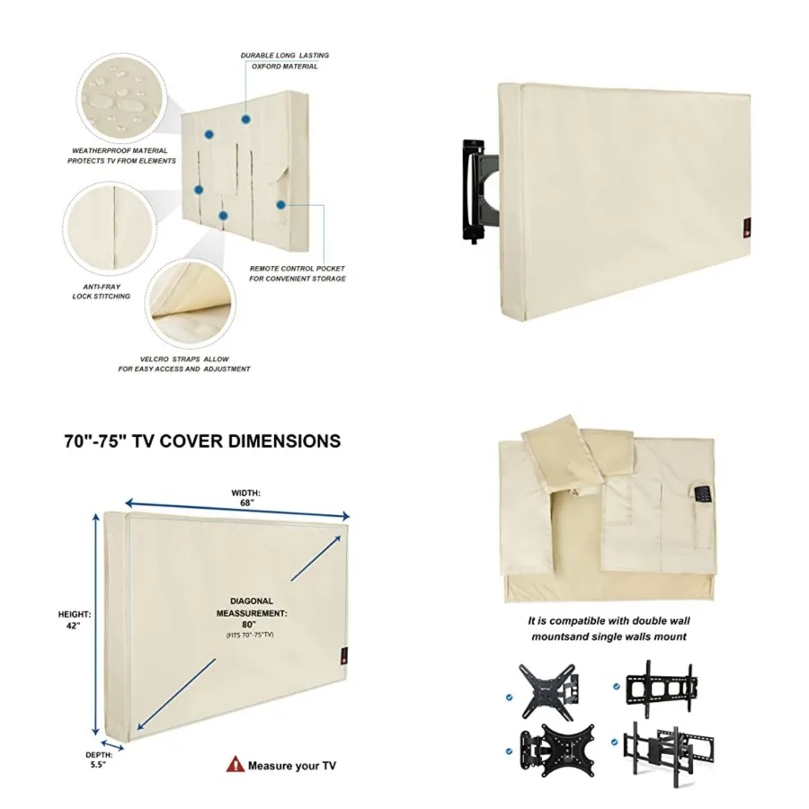 Outdoor TV Cover 70 to 75 ch Weatherproof, Cover Size 68''L x 42''H, Waterproof for Outside Flat Screen 70 to 75 ch TV,,600D Th
Outdoor TV Cover 70 to 75 ch Weatherproof, Cover Size 68''L x 42''H, Waterproof for Outside Flat Screen 70 to 75 ch TV,,600D Th