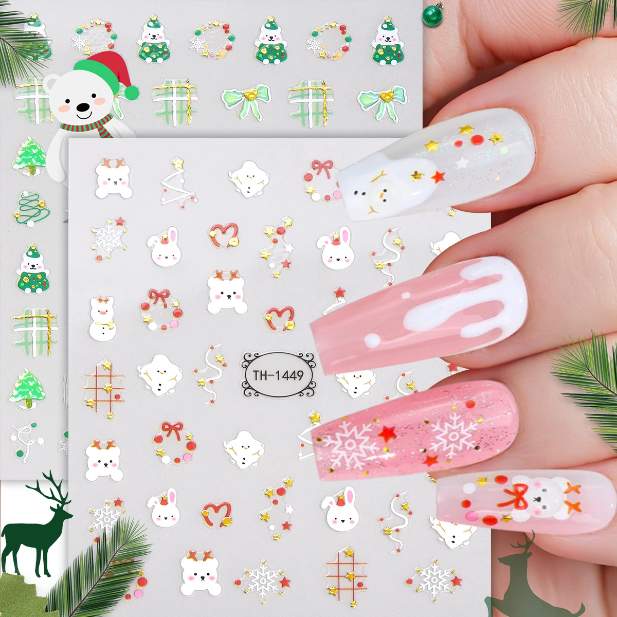 2pcs Cartoon Christmas Nail Art Sticker 3D Bear Snowman Heart Snowflakes Self-Adhesive Nail Decals for DIY Manicure Decoration
2pcs Cartoon Christmas Nail Art Sticker 3D Bear Snowman Heart Snowflakes Self-Adhesive Nail Decals for DIY Manicure Decoration