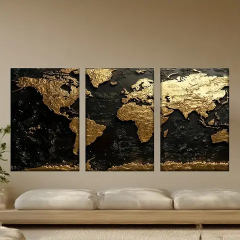 [2D Flat] 3pcs Golden Foil World Map Canvas Art Set - Unframed, Black Background Abstract Map of Europe, Africa, Asia & More - P