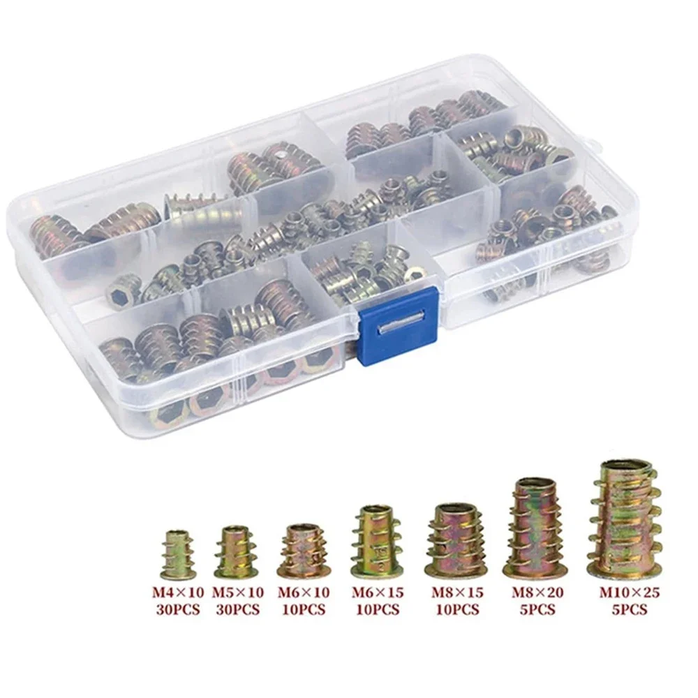 100Pcs Threaded Inserts Nuts Assortment Tool Kit - Metric M4/M5/M6/M8/M10 Hex Socket Drive Furniture Screw-in Wood Inserts Bolts
100Pcs Threaded Inserts Nuts Assortment Tool Kit - Metric M4/M5/M6/M8/M10 Hex Socket Drive Furniture Screw-in Wood Inserts Bolts