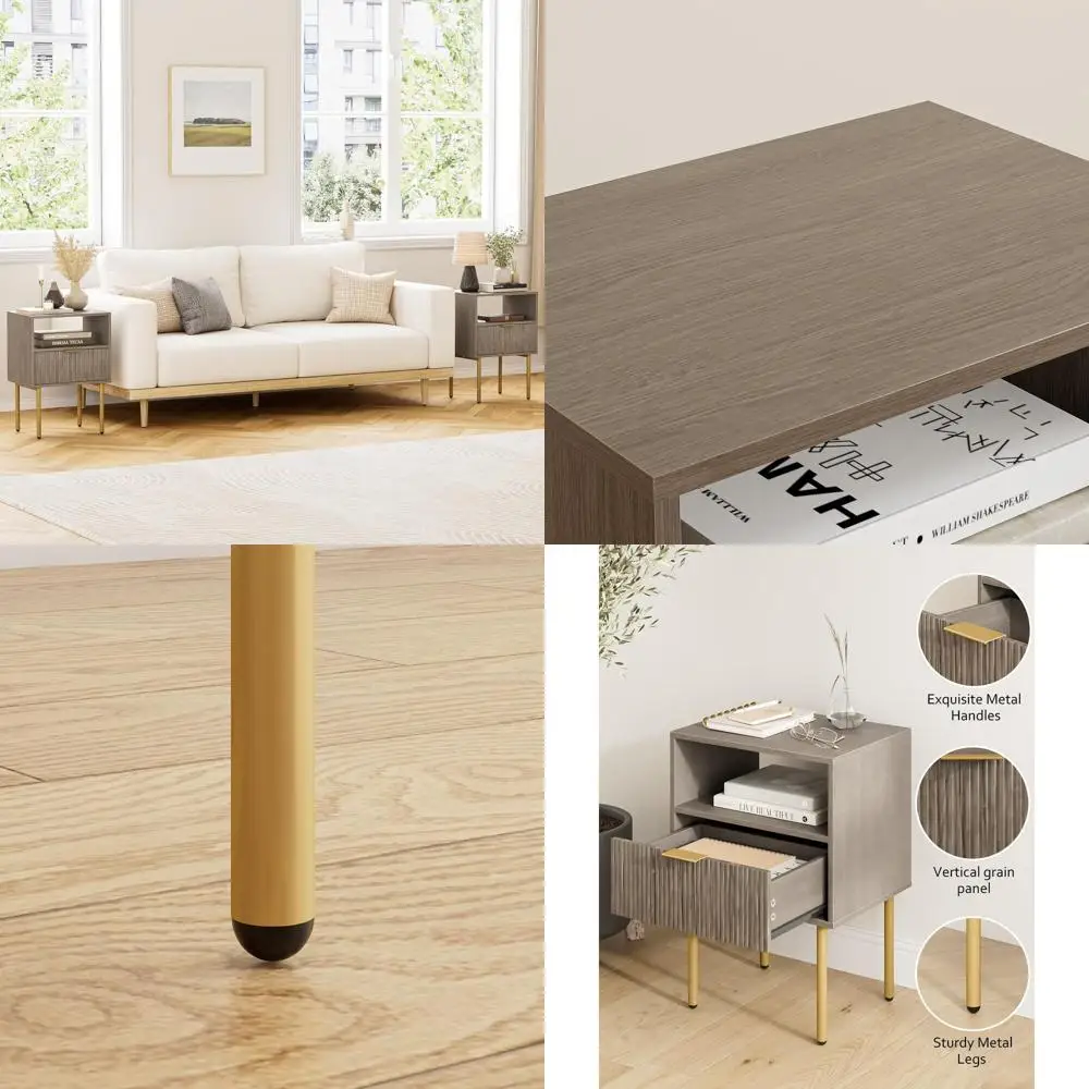 Mid-Century Modern Nightstand with Drawer and Shelf, Gold Frame Accent Table for Bedroom/Living Room, Grey
Mid-Century Modern Nightstand with Drawer and Shelf, Gold Frame Accent Table for Bedroom/Living Room, Grey