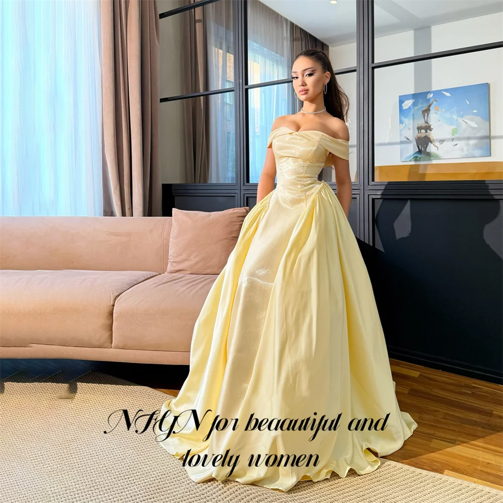 NFYN Butter Yellow Prom Dresses Off the Shoulder Short Sleeve Celebrity Dresses A Line Satin Evening Dresses Modest Customized
NFYN Butter Yellow Prom Dresses Off the Shoulder Short Sleeve Celebrity Dresses A Line Satin Evening Dresses Modest Customized