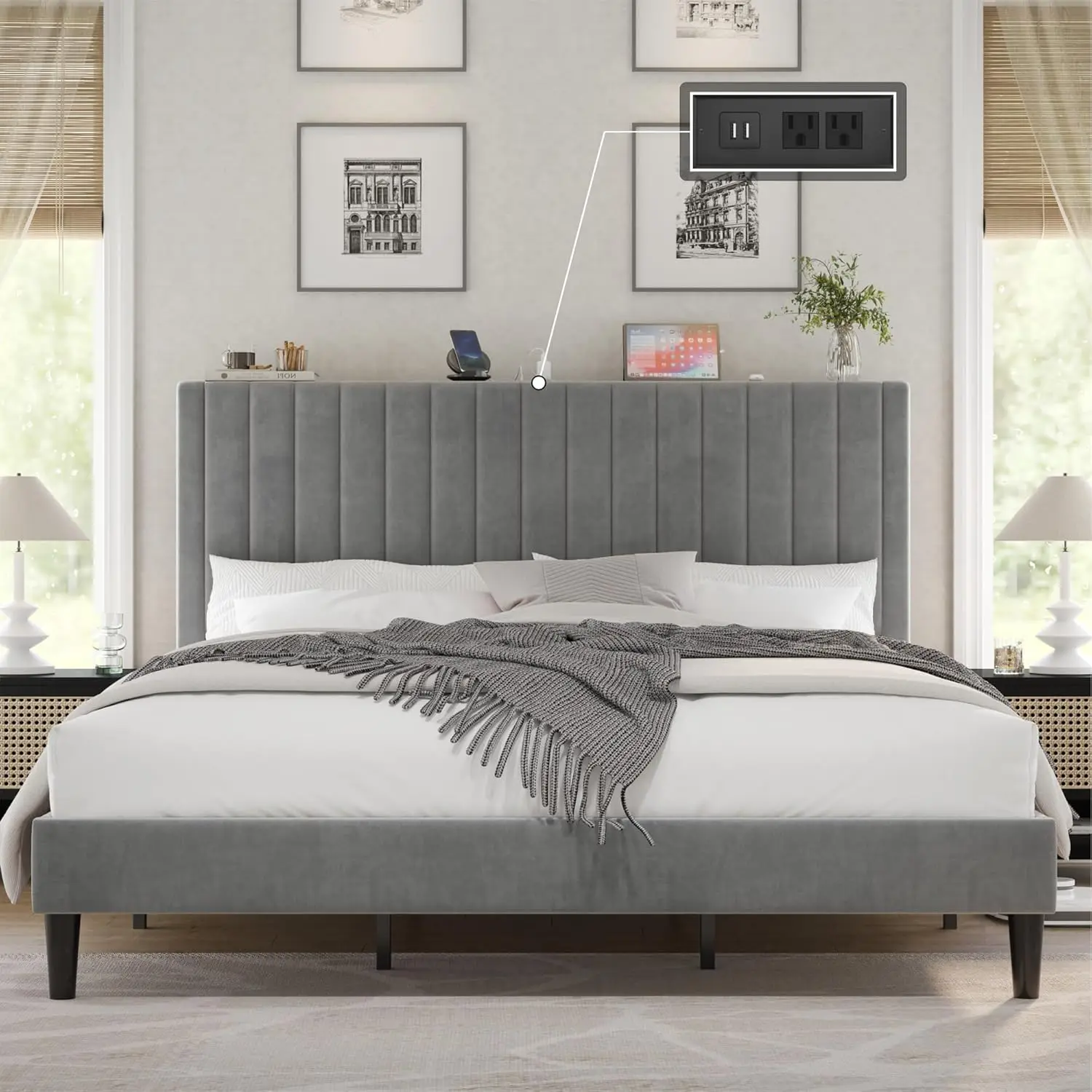 King Size Bed Frame, Velvet Upholstered Platform Bed With Channel Tufted Headboard, Mattr Foundation With Wood Slats, No Box
King Size Bed Frame, Velvet Upholstered Platform Bed With Channel Tufted Headboard, Mattr Foundation With Wood Slats, No Box