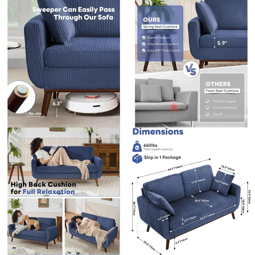 Mid-Century Sofa with Spring Cushions, Easy Assembly, Solid Wood Legs, 2 Blue Pillows, 65
Mid-Century Sofa with Spring Cushions, Easy Assembly, Solid Wood Legs, 2 Blue Pillows, 65