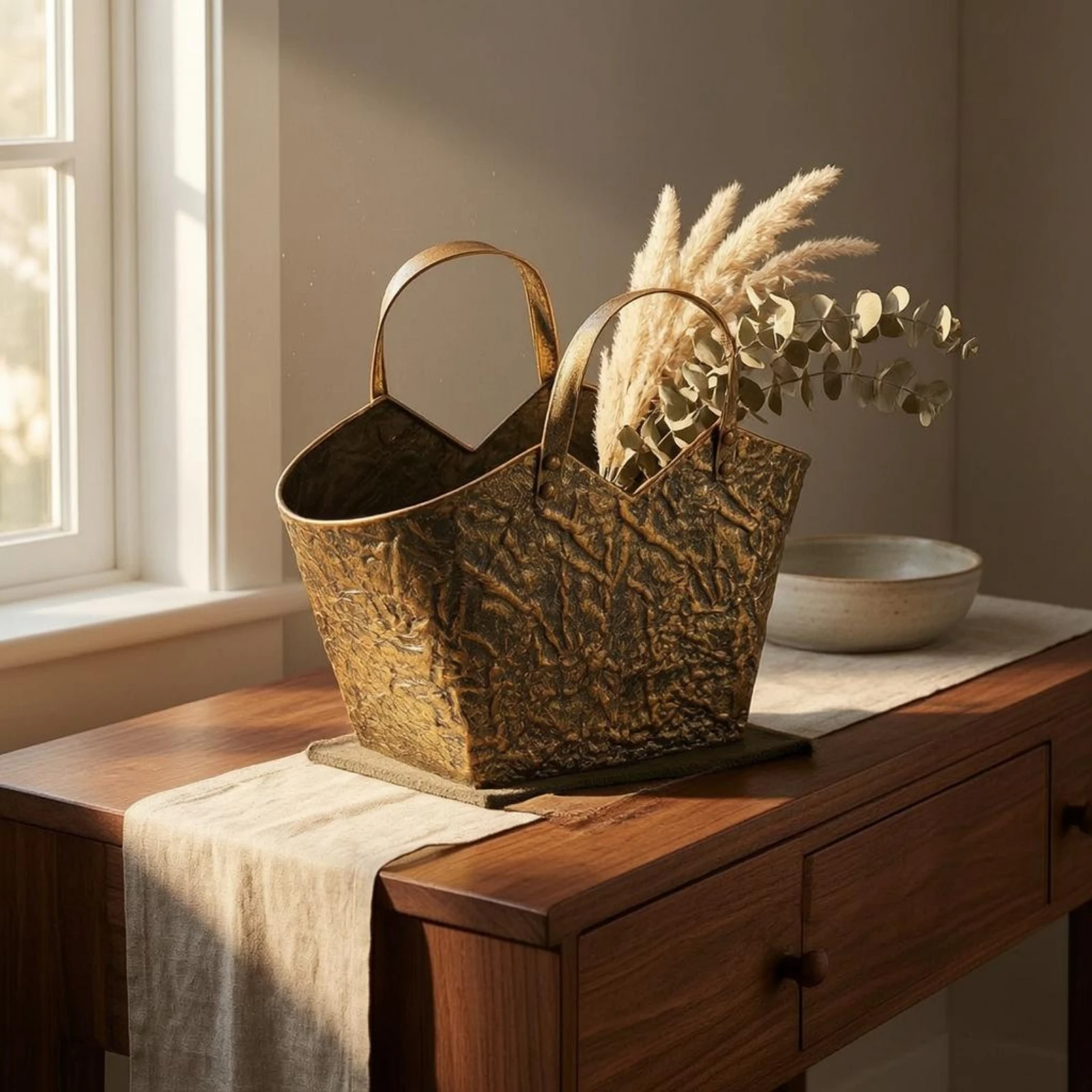Bag-Shaped Vase Vintage Distressed Tote Bag Vase Home Accent Gold Tone Arched Handles
Bag-Shaped Vase Vintage Distressed Tote Bag Vase Home Accent Gold Tone Arched Handles