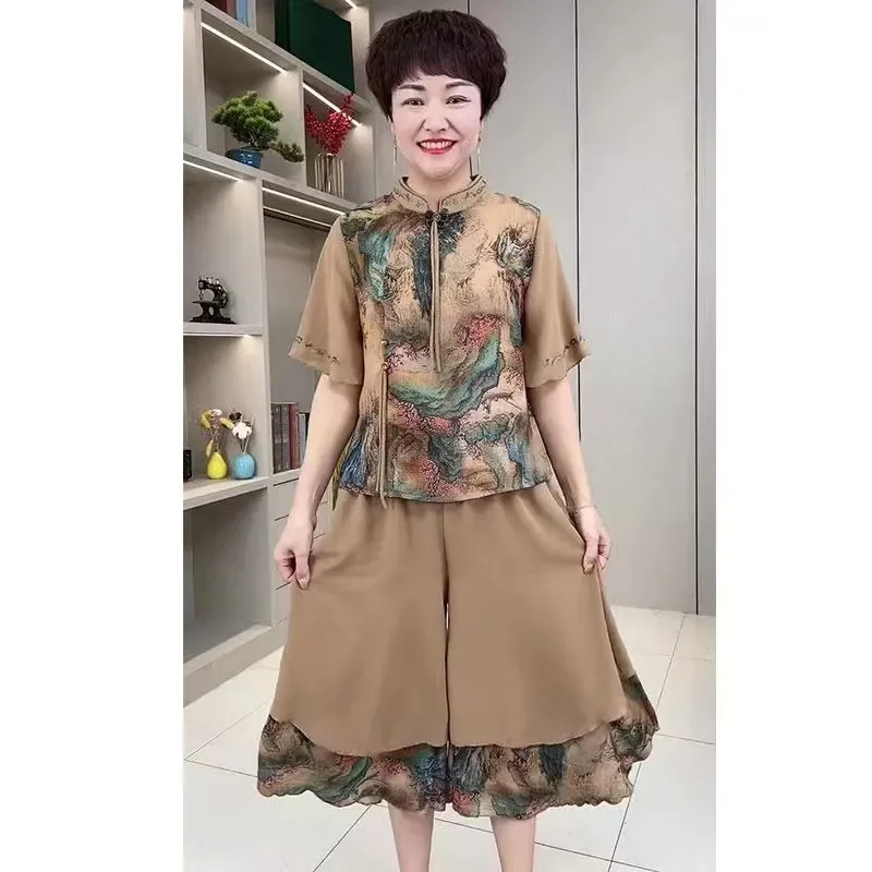 Elderly Women National Style Chiffon Two Piece Set Summer Short Sleeve Stand Collar Printed Wide Leg Pants Casual Thin Outfit
Elderly Women National Style Chiffon Two Piece Set Summer Short Sleeve Stand Collar Printed Wide Leg Pants Casual Thin Outfit
