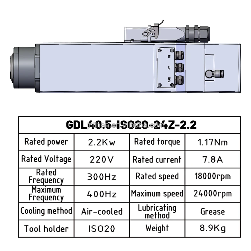 Фрезерный шпиндель HQD 2.2 кВт ATC GDL40.Z 5-20-24/2.2 ISO20, 24000 об/мин, с воздушным охлаждением, для станков с ЧПУ
Фрезерный шпиндель HQD 2.2 кВт ATC GDL40.Z 5-20-24/2.2 ISO20, 24000 об/мин, с воздушным охлаждением, для станков с ЧПУ