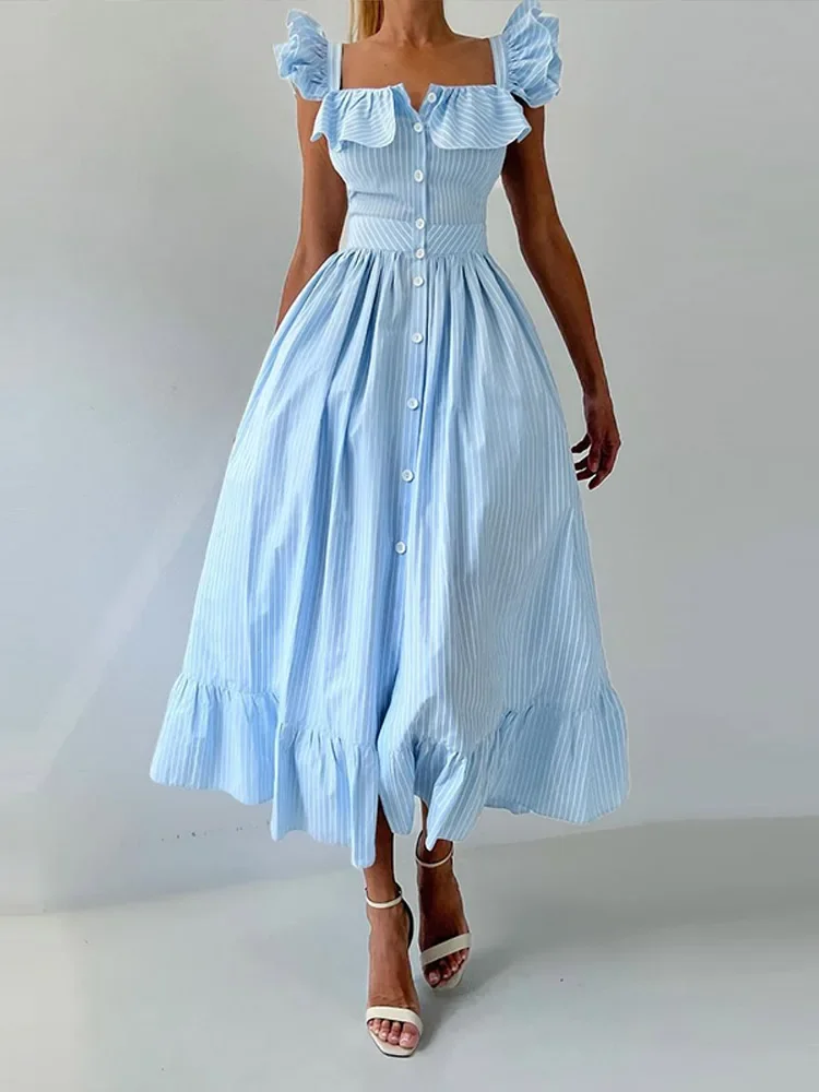 Sleeves Striped Long Dresses High Waist Lady Robes Holiday Woman Elegant Single Breasted A-Line Robes Female Chic 
Sleeves Striped Long Dresses High Waist Lady Robes Holiday Woman Elegant Single Breasted A-Line Robes Female Chic