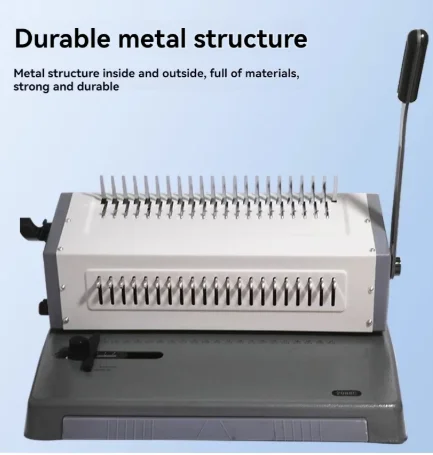 Full-pull binding machine, 21-hole rubber ring clamp comb binding machine, punches 25 sheets per pass.
Full-pull binding machine, 21-hole rubber ring clamp comb binding machine, punches 25 sheets per pass.
