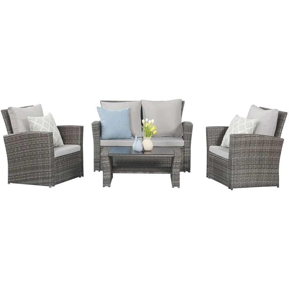 4 Piece Outdoor Patio Furniture Sets, Wicker Conversation Set for Porch Deck, Gray Rattan Sofa Chair with Cushion
4 Piece Outdoor Patio Furniture Sets, Wicker Conversation Set for Porch Deck, Gray Rattan Sofa Chair with Cushion