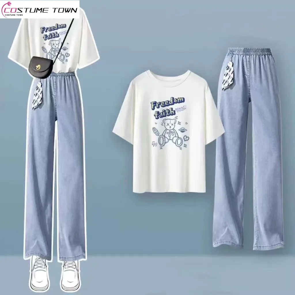 2023 Spring/Summer New Set Women's Korean Loose Short Sleeve T-shirt+Wide Leg Jeans Fashion Two Piece Set
2023 Spring/Summer New Set Women's Korean Loose Short Sleeve T-shirt+Wide Leg Jeans Fashion Two Piece Set