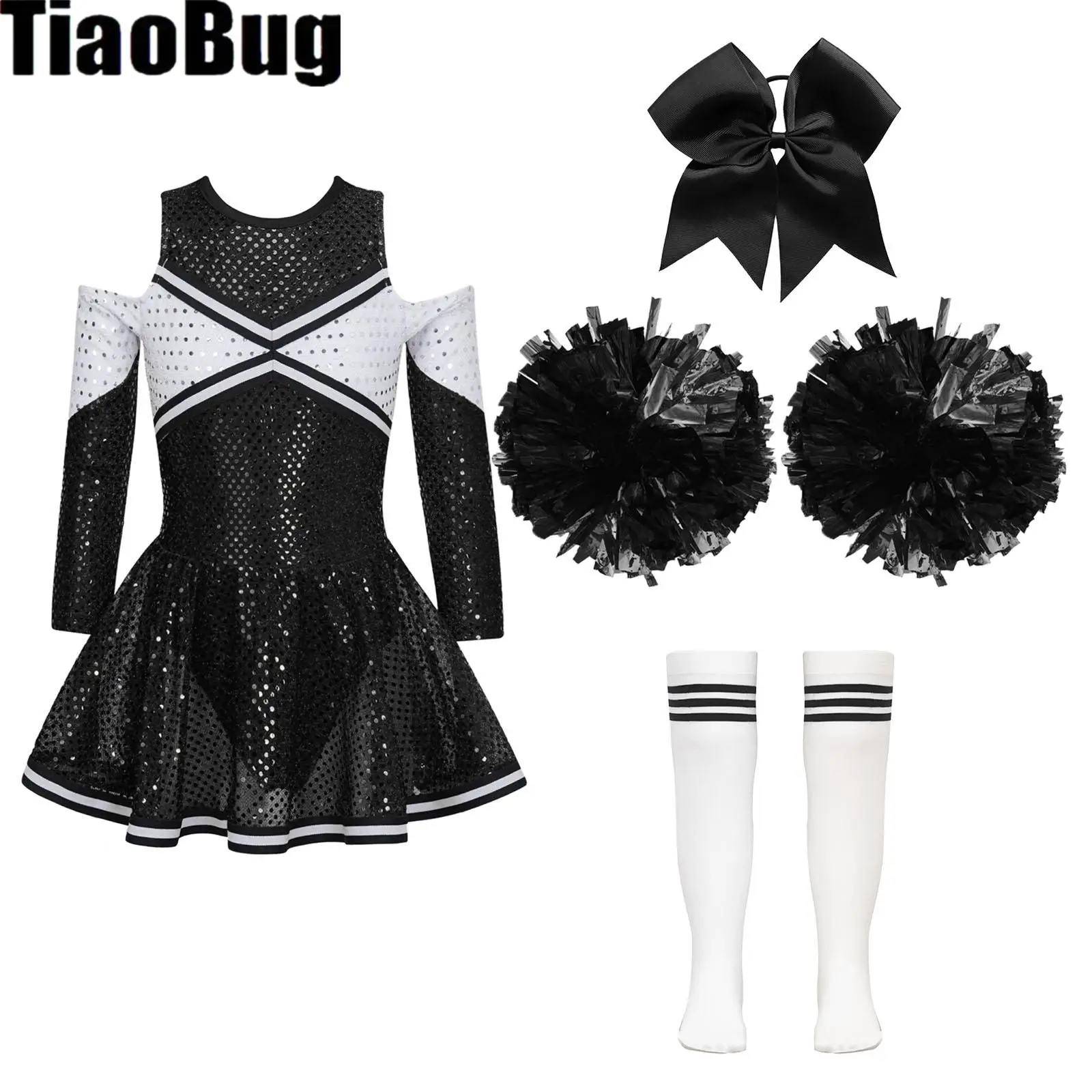 Kids Girls Shiny Sequins Dance Outfits Long Sleeve Off-Shoulder Contrast Color Dress with Headwear Hand Flowers Striped Socks
Kids Girls Shiny Sequins Dance Outfits Long Sleeve Off-Shoulder Contrast Color Dress with Headwear Hand Flowers Striped Socks