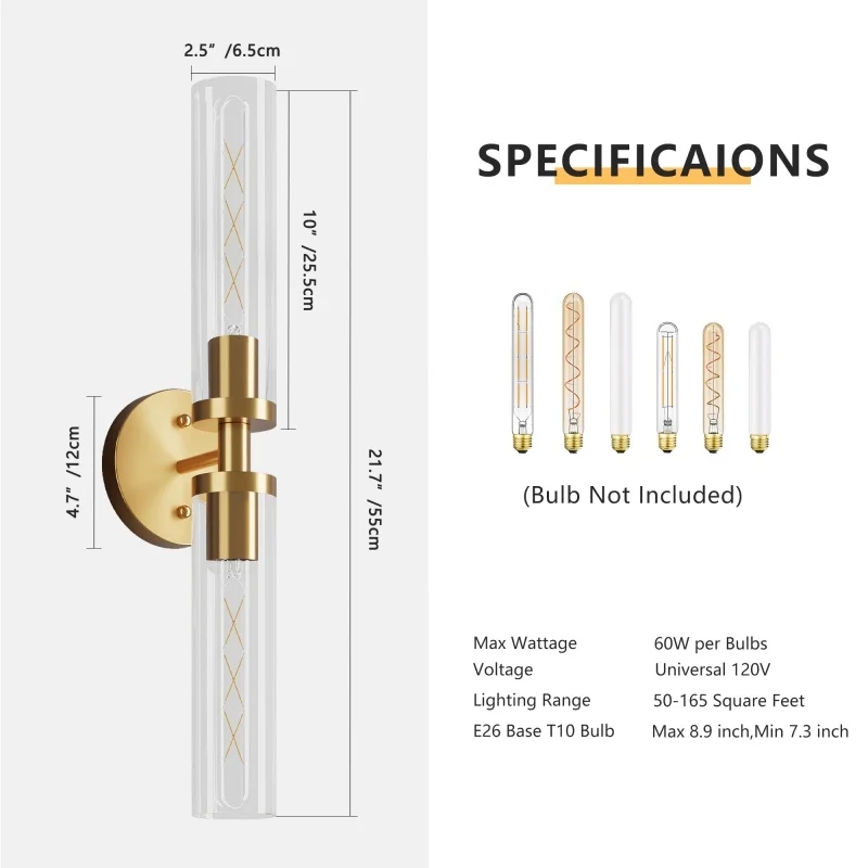Luxury Gold Wall Sconce, Modern Minimalist Cylinder Glass Wall Light Fixture, Clear Glass Wall Lamp for Bathroom Vanity Mirror, Bedroom Living Room, E26 T10 Base (60W Max)
Luxury Gold Wall Sconce, Modern Minimalist Cylinder Glass Wall Light Fixture, Clear Glass Wall Lamp for Bathroom Vanity Mirror, Bedroom Living Room, E26 T10 Base (60W Max)