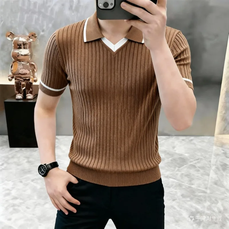 Summer Men's Short Sleeved T-shirt Luxury Striped Knitted Jacquard Casual Tshirts Versatile V-neck Business Social Polo Shirt
Summer Men's Short Sleeved T-shirt Luxury Striped Knitted Jacquard Casual Tshirts Versatile V-neck Business Social Polo Shirt