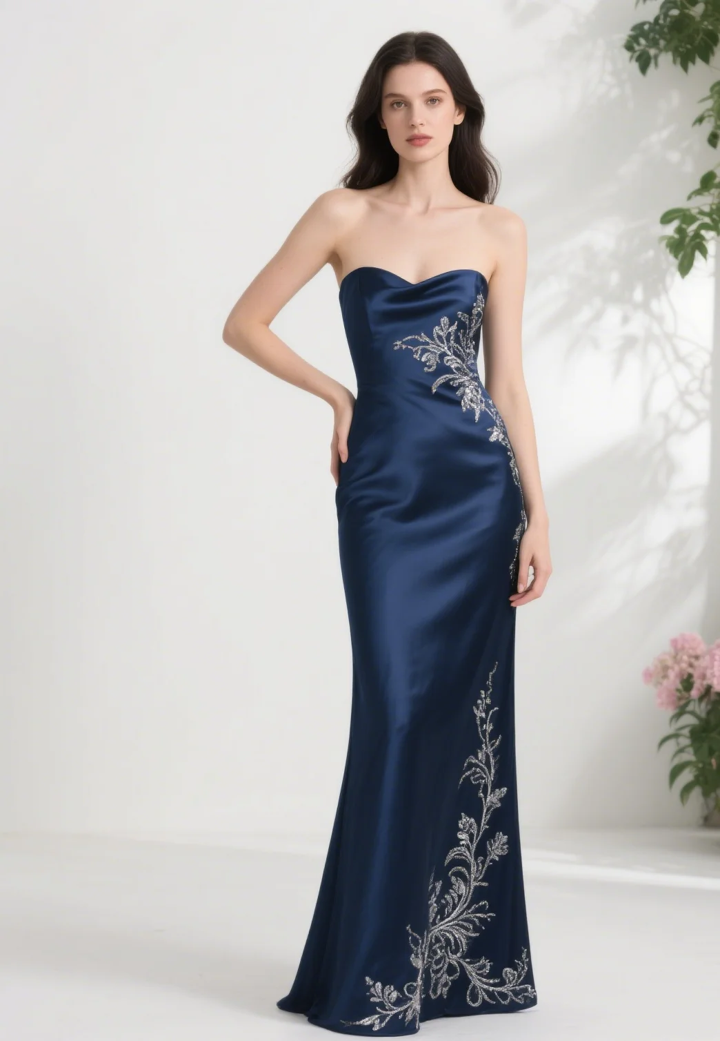 Elegant Sheath Evening Dress Strapless Silk Satin Floor Length Sleeveless Appliques Wedding Guest Dress 2025 Free Customized
Elegant Sheath Evening Dress Strapless Silk Satin Floor Length Sleeveless Appliques Wedding Guest Dress 2025 Free Customized