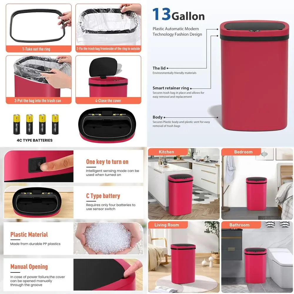 13 Gallon Touchless Kitchen Trash Can with Lid, 54 Liters, Odor-Controlled Plastic Waste Bin for Dorm or Home
13 Gallon Touchless Kitchen Trash Can with Lid, 54 Liters, Odor-Controlled Plastic Waste Bin for Dorm or Home