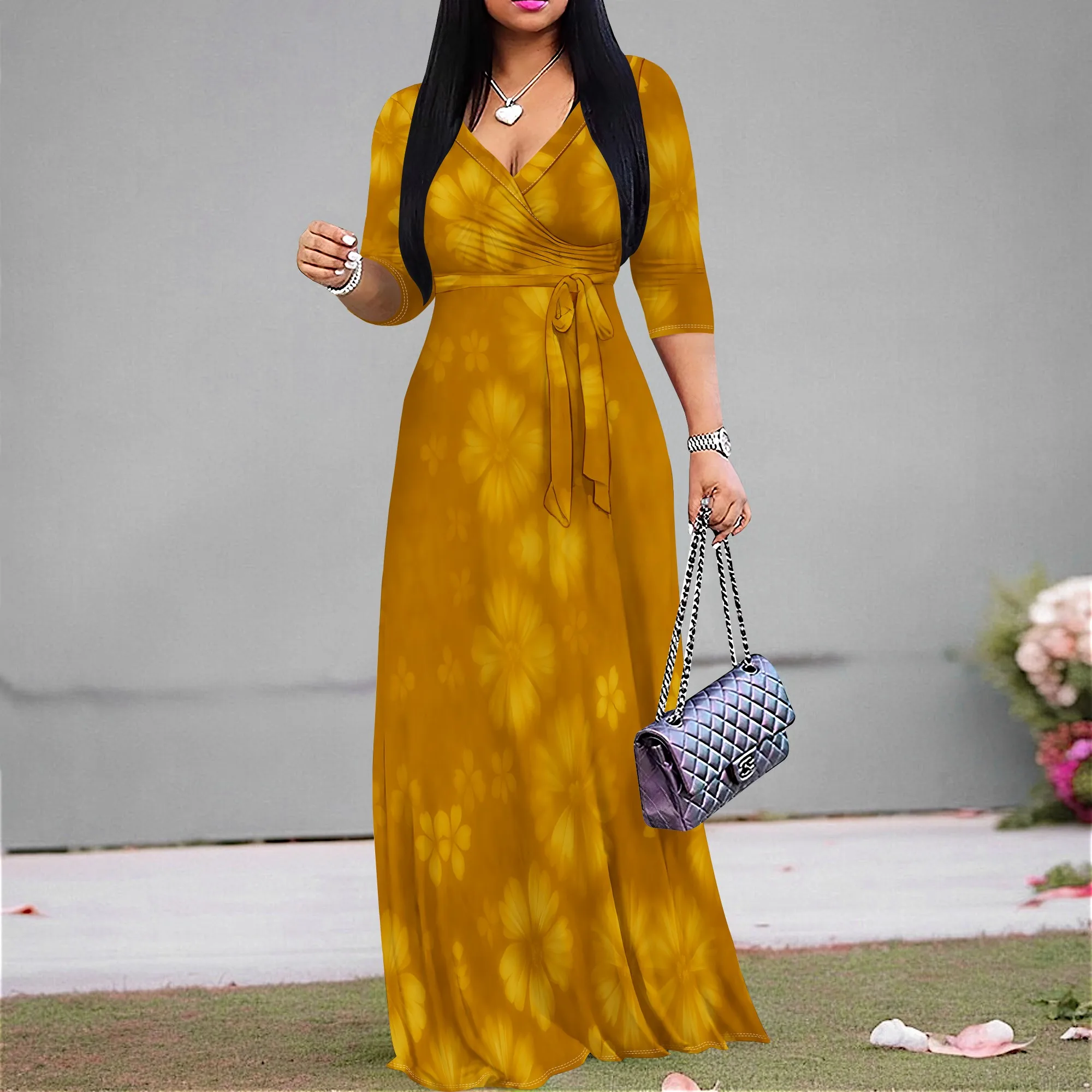 Elegant Floral Print V-Neck Maxi Dress, Women's 3/4 Sleeve High Waist Wrap Dress with Belt, Vintage A-Line Gown XS-3XL
Elegant Floral Print V-Neck Maxi Dress, Women's 3/4 Sleeve High Waist Wrap Dress with Belt, Vintage A-Line Gown XS-3XL