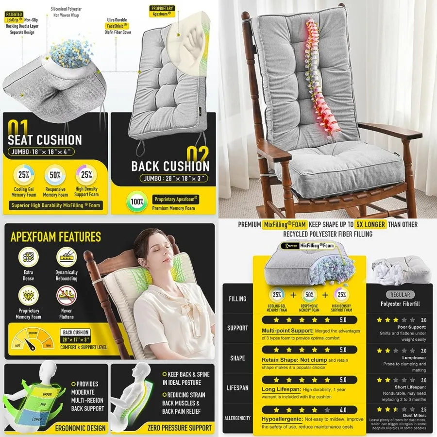 Memory Foam Jumbo Rocking Chair Cushions, FadeShield Water Resistant Non Slip Durable Tufted Pads, Set of Seat Back Cushion wit
Memory Foam Jumbo Rocking Chair Cushions, FadeShield Water Resistant Non Slip Durable Tufted Pads, Set of Seat Back Cushion wit