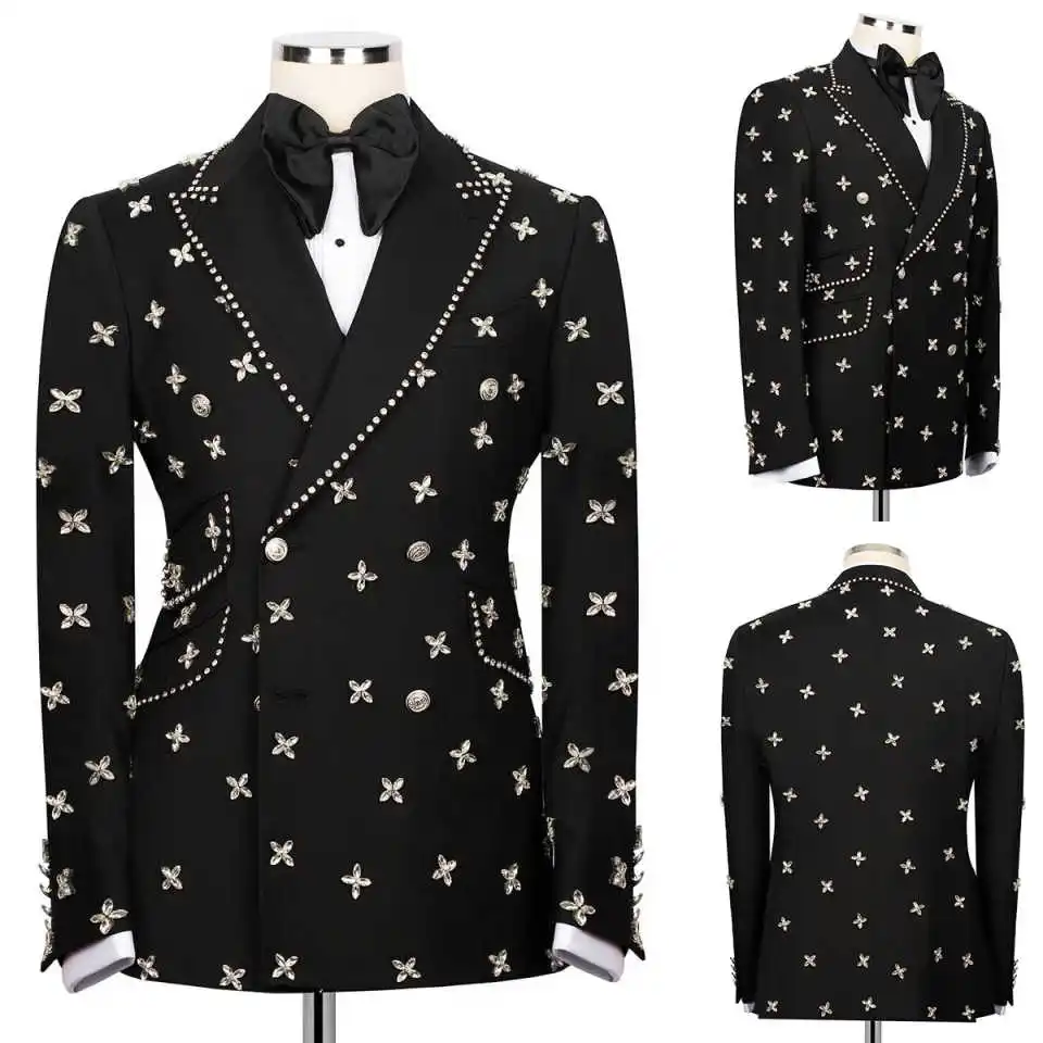 Gorgeous Wedding Tuxedos Rhinestone Double Breasted Men Suit Peaked Lapel 2 Piece Set Jacket Pants Formal Blazers Customized 
Gorgeous Wedding Tuxedos Rhinestone Double Breasted Men Suit Peaked Lapel 2 Piece Set Jacket Pants Formal Blazers Customized