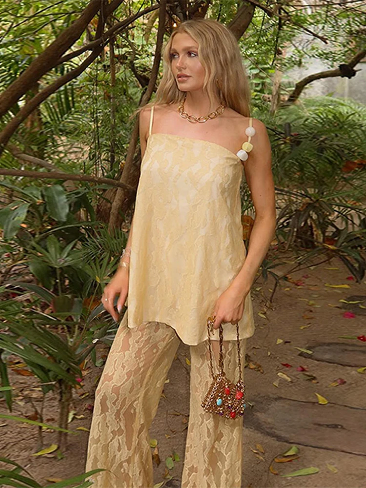 Bead Strap Printed Top Pants Women Two Piece Set Lace Loose Suspender Blouse Gentle Beach Halter Mesh Wide Leg Trousers Suit New
Bead Strap Printed Top Pants Women Two Piece Set Lace Loose Suspender Blouse Gentle Beach Halter Mesh Wide Leg Trousers Suit New