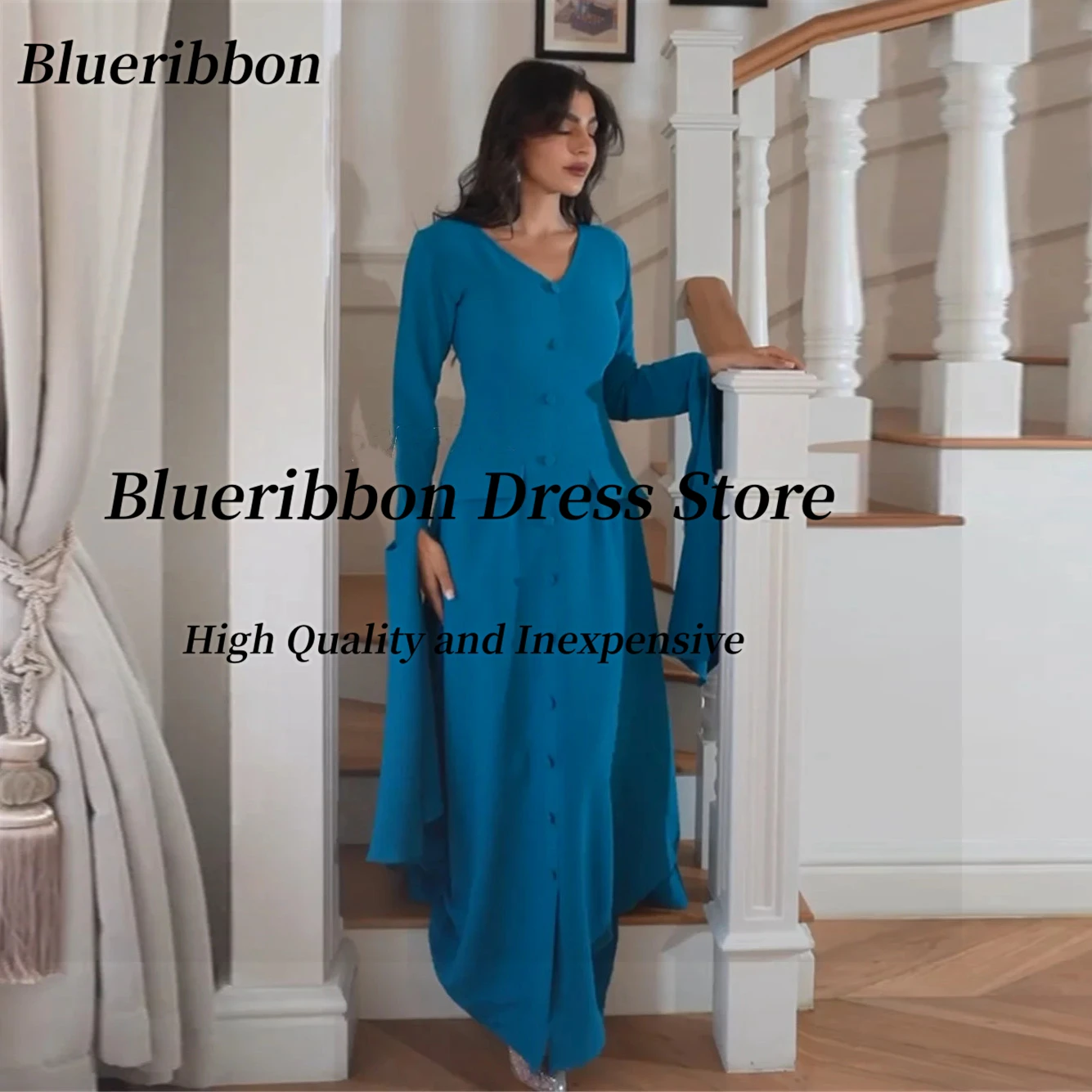 Blueribbon Customized V Neck Evening Dresses with Buttons Long Sleeves Prom Party Dress Saudi Women Zipper Vestidos Des Noches
Blueribbon Customized V Neck Evening Dresses with Buttons Long Sleeves Prom Party Dress Saudi Women Zipper Vestidos Des Noches
