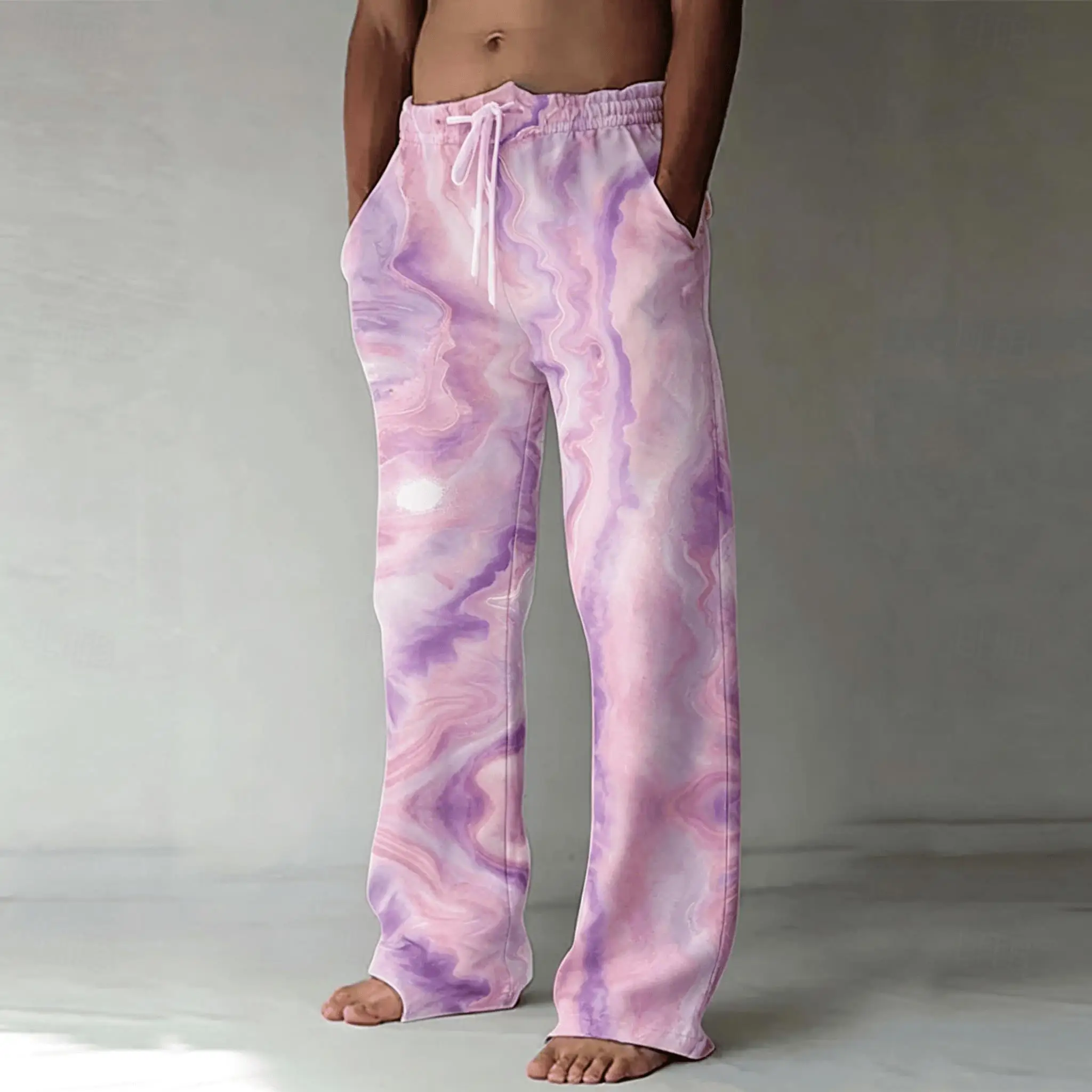Men's Pink Purple Marble Tie Dye Print Drawstring Wide Leg Pants, Casual Beach Straight Pants for Spring & Summer
Men's Pink Purple Marble Tie Dye Print Drawstring Wide Leg Pants, Casual Beach Straight Pants for Spring & Summer