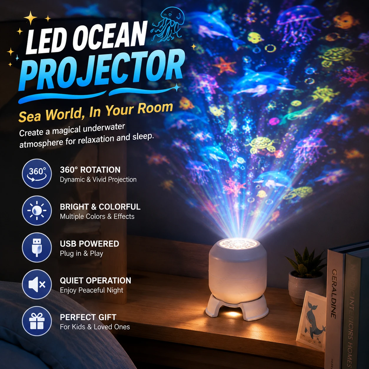 USB LED Ocean Star Projector Lamp 360 Rotating Night Light Dynamic Projection Ambient Decor for Room Bedroom Festival
USB LED Ocean Star Projector Lamp 360 Rotating Night Light Dynamic Projection Ambient Decor for Room Bedroom Festival