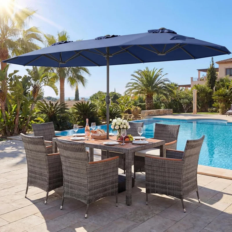 9-Piece Rattan Outdoor Dining Set 6, 6 Cushioned Armchairs, Acacia Wood Top, 13Ft & Base Included
9-Piece Rattan Outdoor Dining Set 6, 6 Cushioned Armchairs, Acacia Wood Top, 13Ft & Base Included