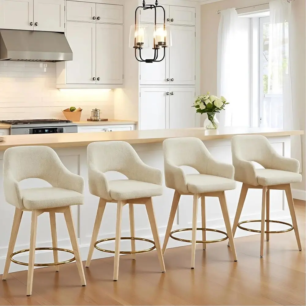 Set of 4 Wooden Counter Height Bar Stools with Upholstered Linen Seats and Gold Metal Rings, Beige
Set of 4 Wooden Counter Height Bar Stools with Upholstered Linen Seats and Gold Metal Rings, Beige