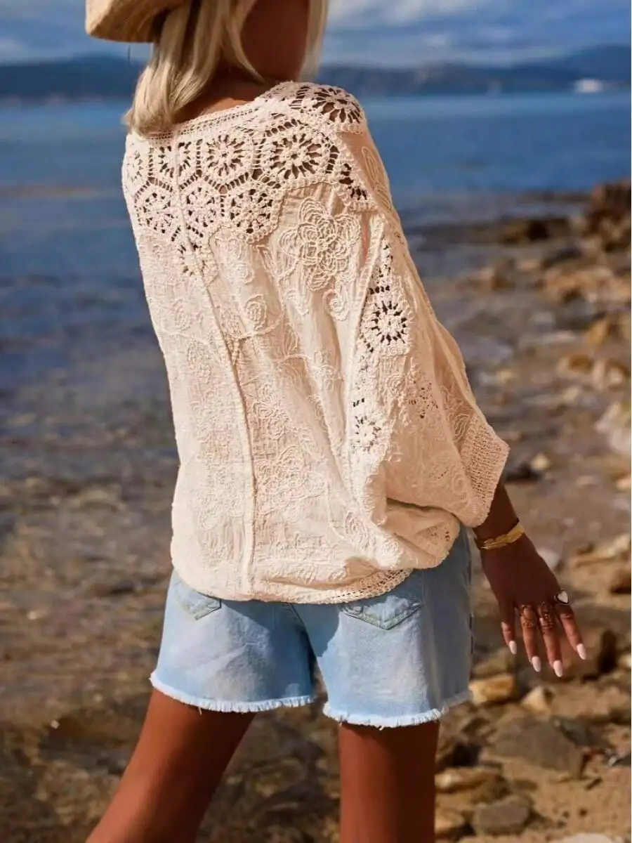 Women Crochet Lace Top With V Neck And 3/4 Sleeves Loose Boho Beach Cover Up
Women Crochet Lace Top With V Neck And 3/4 Sleeves Loose Boho Beach Cover Up