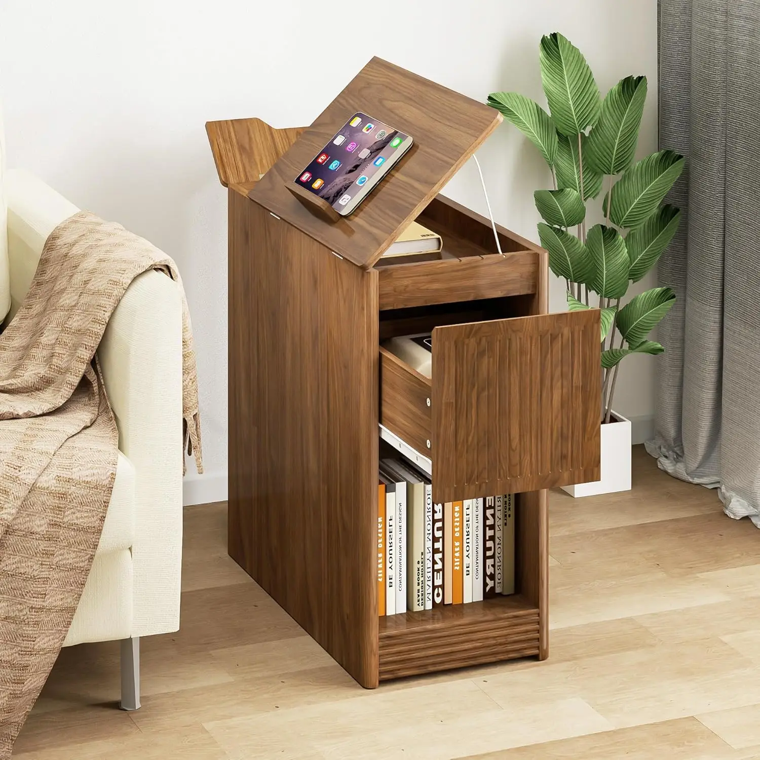 Narrow Side Table Storage Drawer Wheels Flip Top USB Ports Outlets Living Room Bedroom Office Walnut, Customized
Narrow Side Table Storage Drawer Wheels Flip Top USB Ports Outlets Living Room Bedroom Office Walnut, Customized