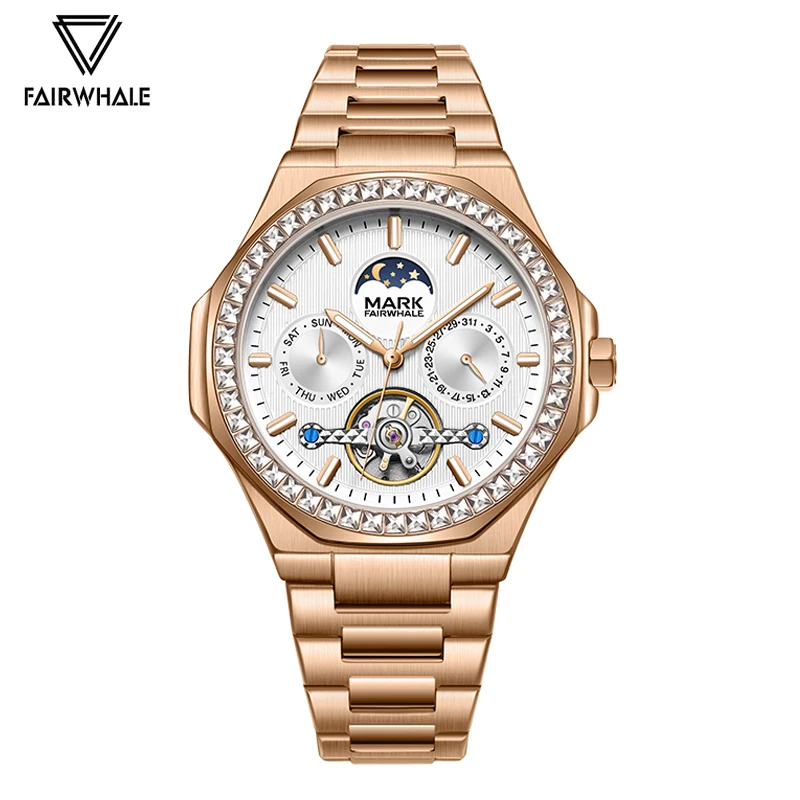 Luxury Rose Gold Automatic Watches Men High End Stainless Steel Mechanical Watch Business Fashion Diamond Inlay Moon Phase Clock
Luxury Rose Gold Automatic Watches Men High End Stainless Steel Mechanical Watch Business Fashion Diamond Inlay Moon Phase Clock