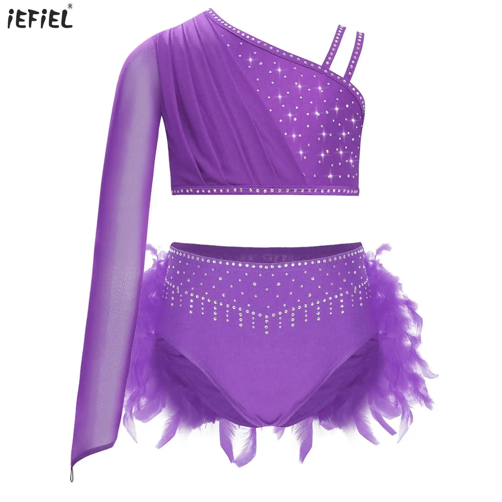 Kids Girls Jazz Ballet Lyrical Dance Outfit Sheer Mesh Asymmetrical Shoulder Shiny Rhinestones Crop Top+Feather Brief Bottoms
Kids Girls Jazz Ballet Lyrical Dance Outfit Sheer Mesh Asymmetrical Shoulder Shiny Rhinestones Crop Top+Feather Brief Bottoms