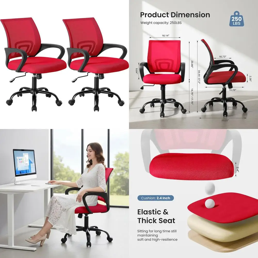 Ergonomic Lumbar Support Desk Chair with Swivel, Adjustable Height, Fixed Armrests, Ideal for Home, Office, and Gaming, Red, 2-P
Ergonomic Lumbar Support Desk Chair with Swivel, Adjustable Height, Fixed Armrests, Ideal for Home, Office, and Gaming, Red, 2-P