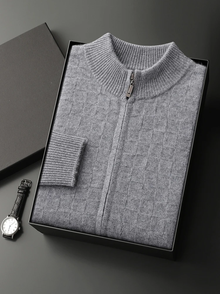 100% Cashmere Men Knitted Zipper Sweater Mock Neck Plaid Cardigan Autumn Winte Thick Warm Smart Casual Long Sleeve Cashmere Top
100% Cashmere Men Knitted Zipper Sweater Mock Neck Plaid Cardigan Autumn Winte Thick Warm Smart Casual Long Sleeve Cashmere Top