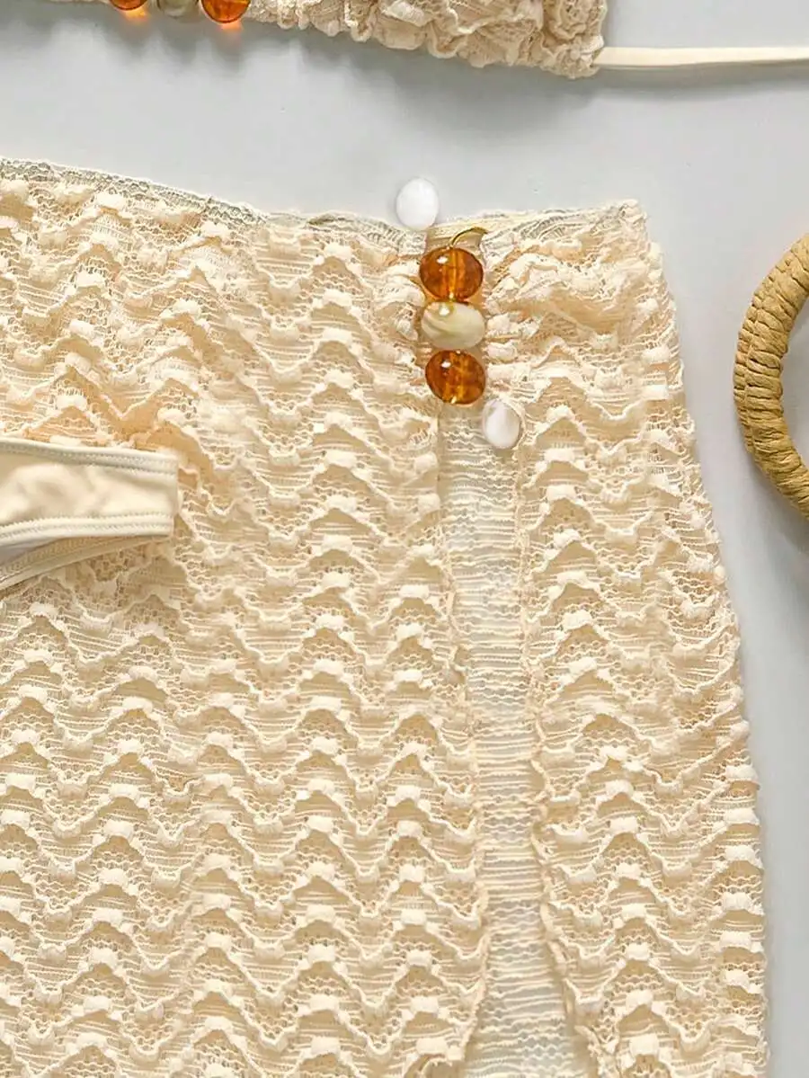 Cream Lace Crochet Bikini Set With Beaded Sarong Skirt Bohemian Beach Wear
Cream Lace Crochet Bikini Set With Beaded Sarong Skirt Bohemian Beach Wear