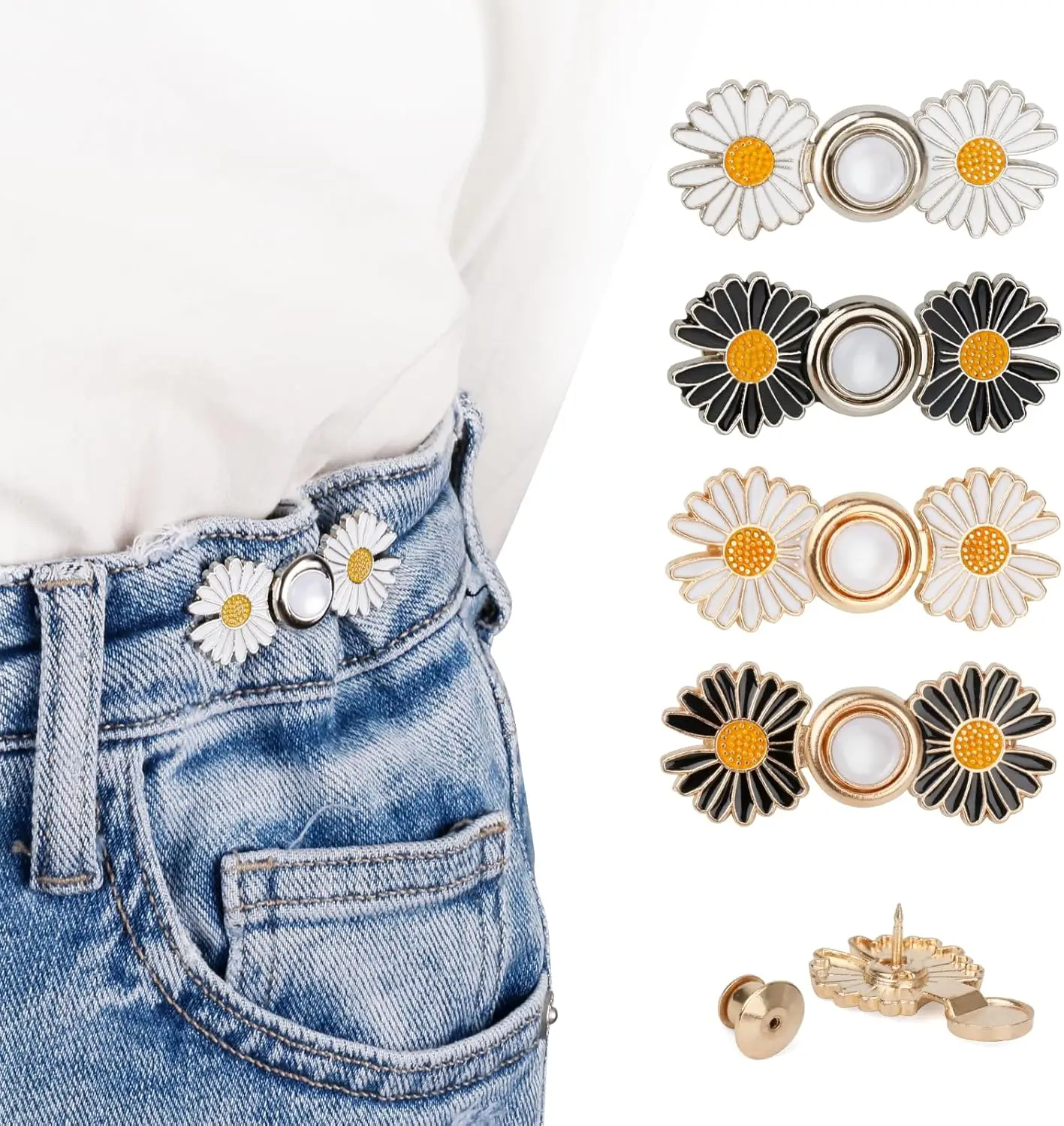 Daisy Flower Waist Tightener Buttons, No Sew Adjustable Jean Button Pins for Loose Jeans, 4 Sets
Daisy Flower Waist Tightener Buttons, No Sew Adjustable Jean Button Pins for Loose Jeans, 4 Sets